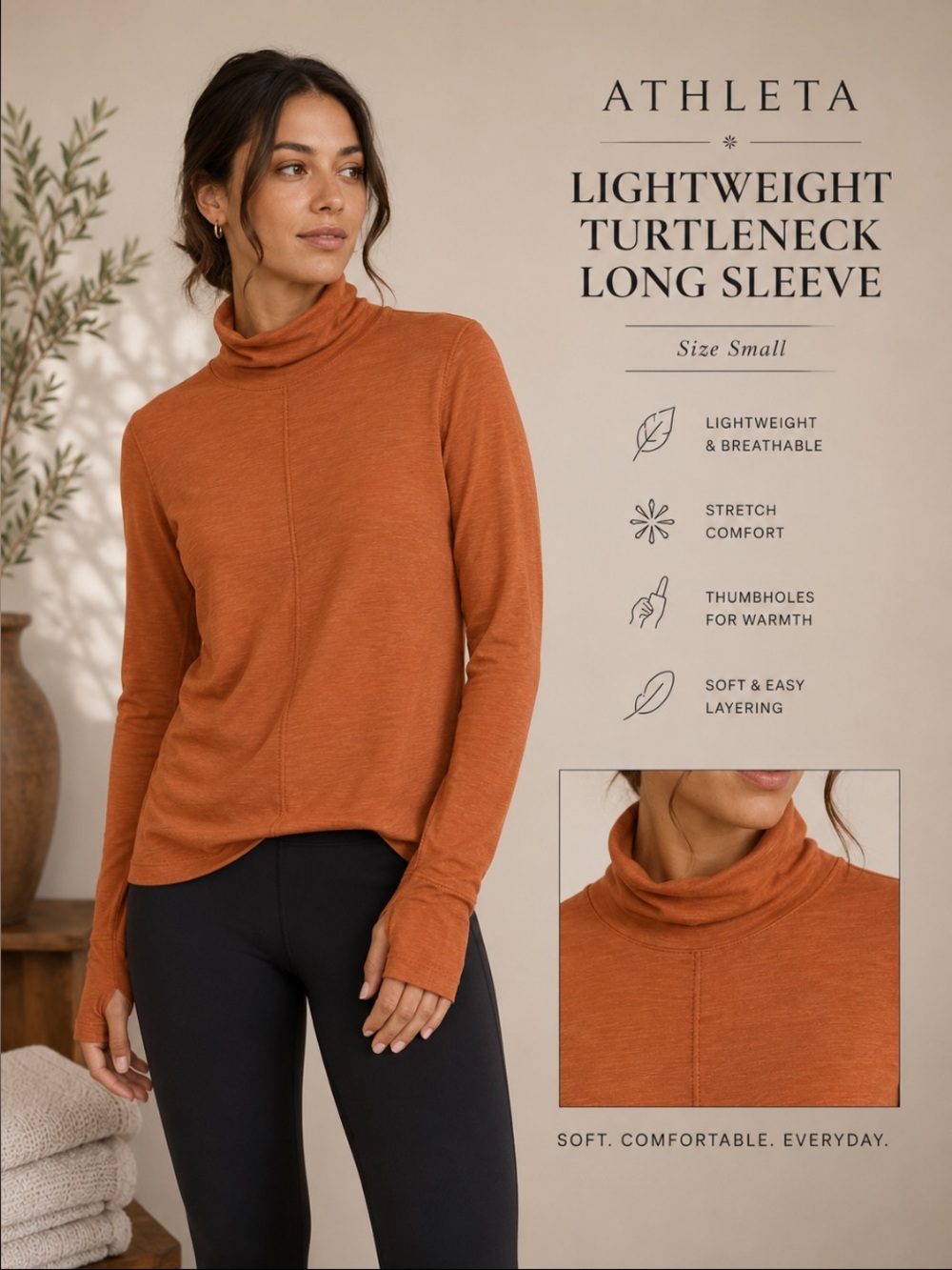 Rust Orange Lightweight Turtleneck Long Sleeve Top